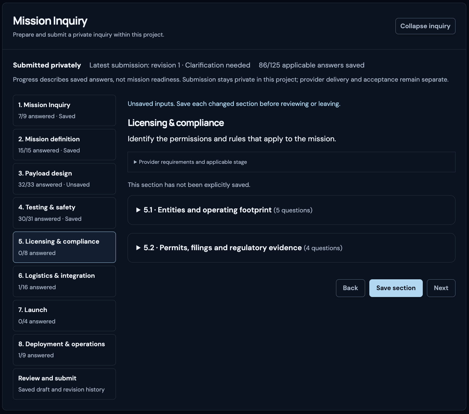 Example Mission Inquiry with eight survey sections, saved answer counts and licensing and compliance questions.